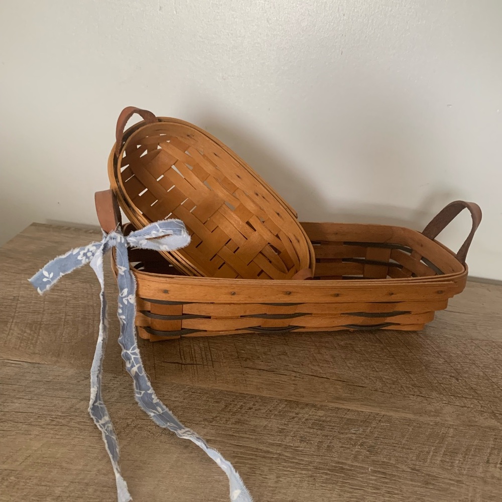 Rustic Brown Longaberger Woven Basket Set. Ohio USA. Leather handles